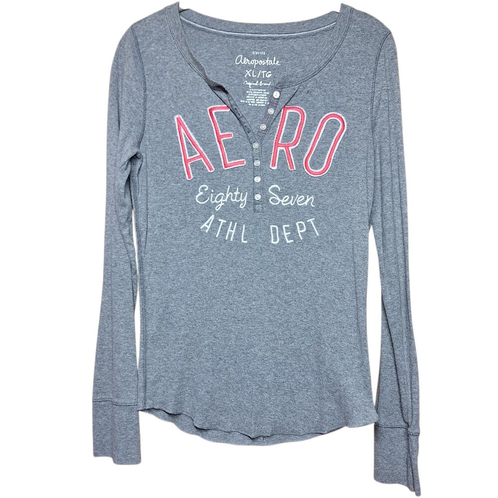 Aeropostale Vintage Y2K preppy logo embroidered long-sleeved Henley tee XL gray